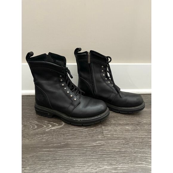 Harley Davidson Women’s Black Leather Biker Combat Style Boots Size 8 - Picture 1 of 7